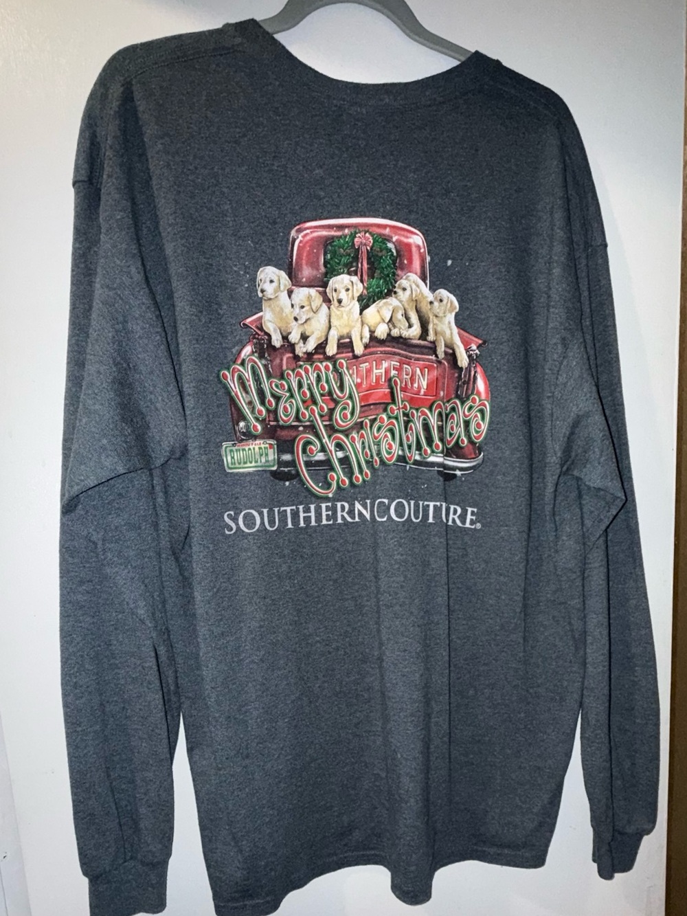 Southern Couture Merry Christmas Puppies Red Truck Long Sleeve Shirt | Size: XL